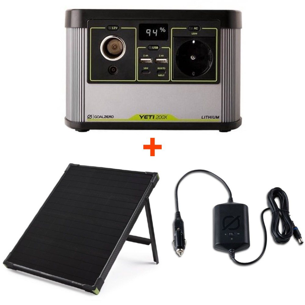 Goal zero set přenosná dobíjecí stanice yeti 200x + solární panel boulder 50 + nabíjecí kabel do auta 12v pro yeti